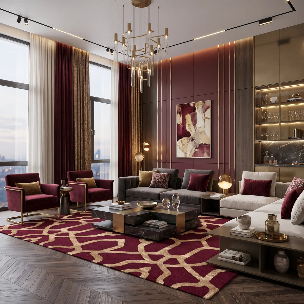 Moorish Trellis hand-tufted rug in Burgundy Gold – close-up of the tufted pile texture