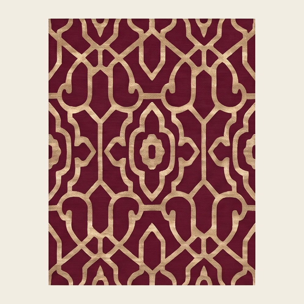 Moorish Trellis hand-tufted rug in Burgundy Gold – flat lay