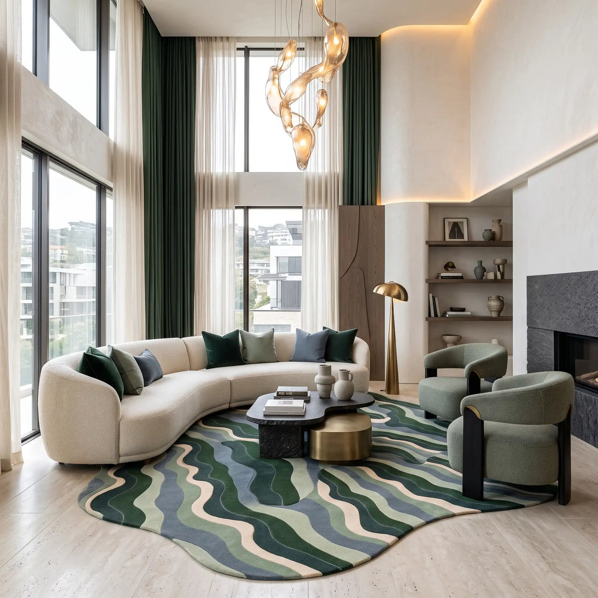 Ripple Dune hand-tufted rug in Forest Mint – styled in a room