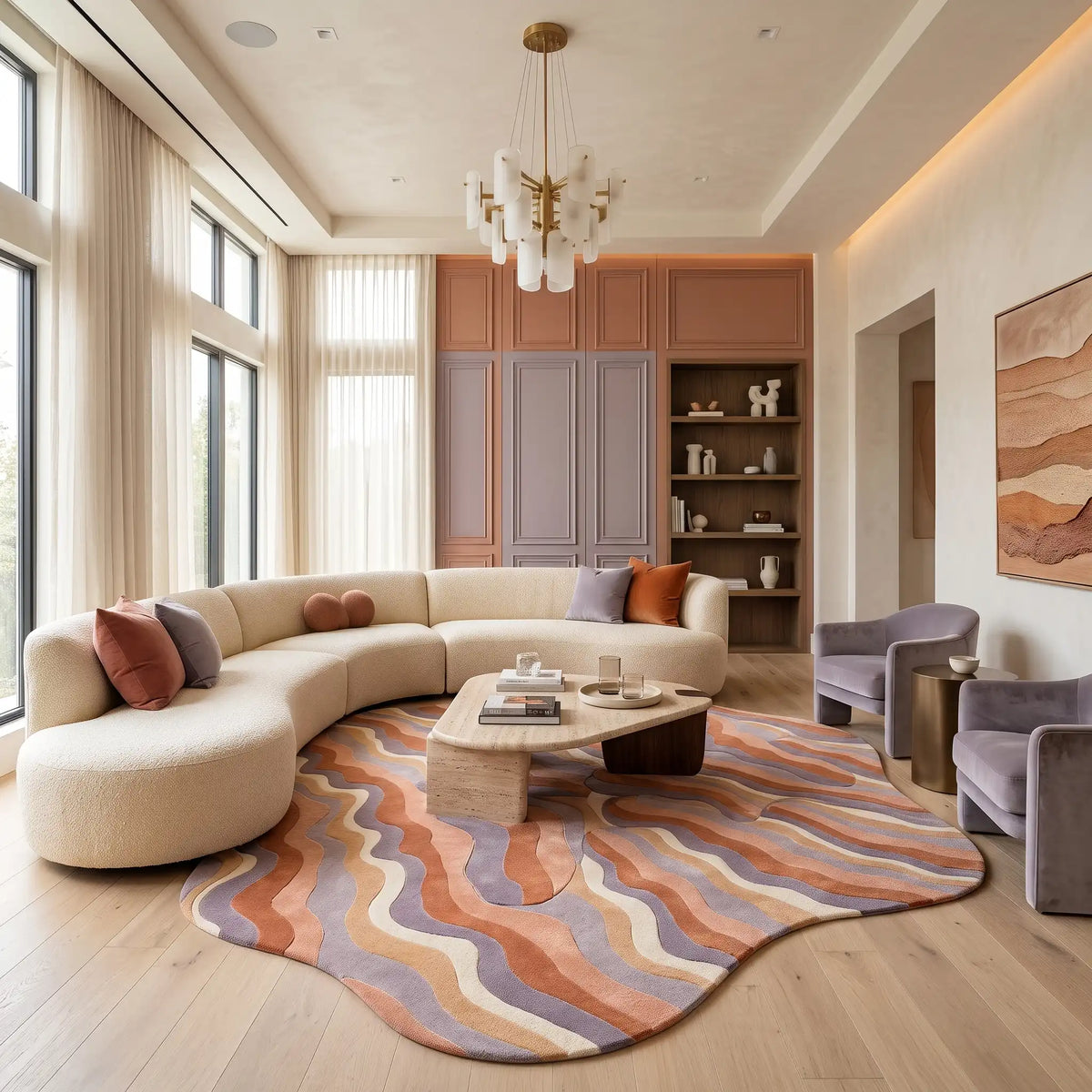 Ripple Dune hand-tufted rug in Coral Peach – styled in a room