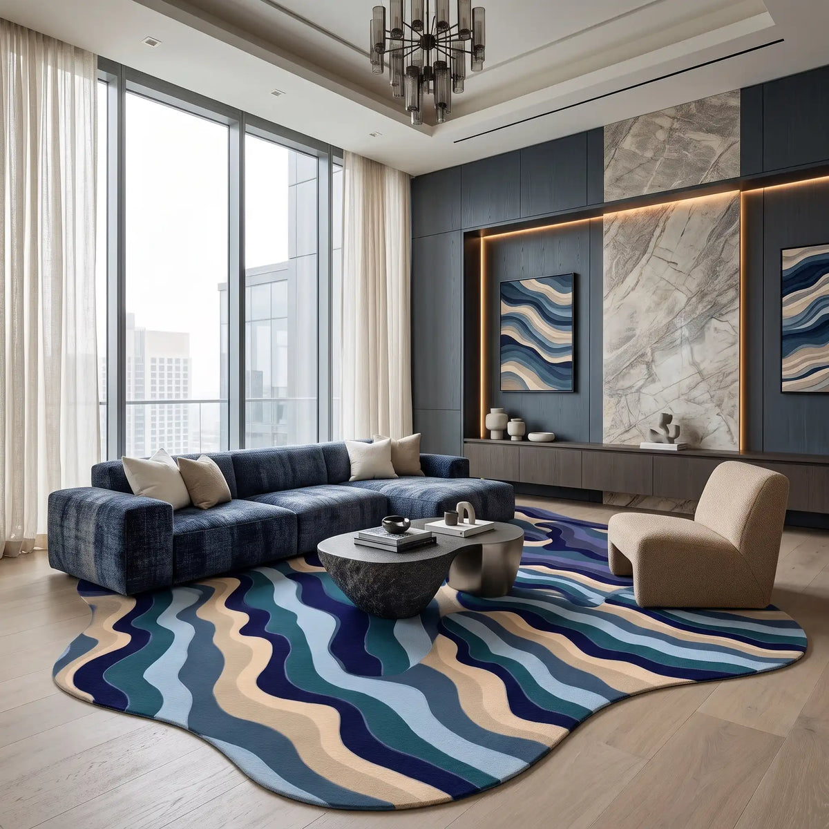 Ripple Dune hand-tufted rug in Cobalt Navy – styled in a room