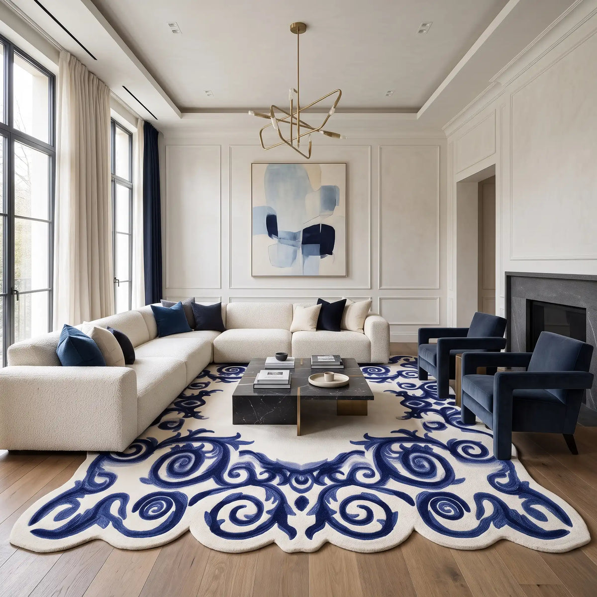 Baroque Frame hand-tufted rug in Cobalt Ivory – close-up of the tufted pile texture