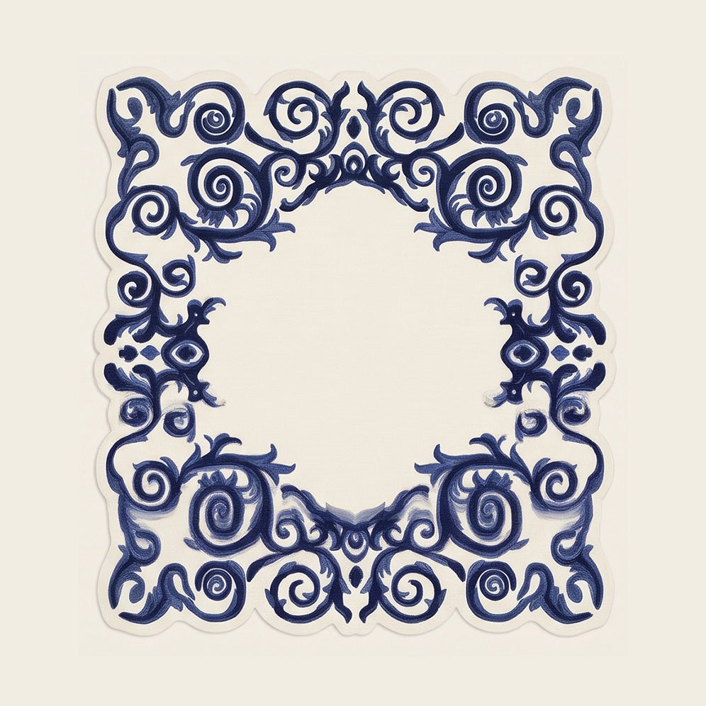 Baroque Frame hand-tufted rug in Cobalt Ivory – flat lay