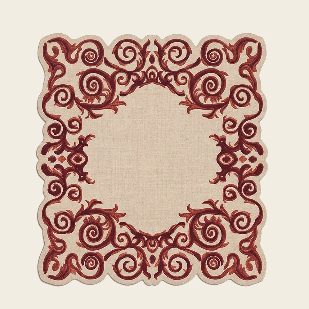 Baroque Frame hand-tufted rug in Brick Red – flat lay