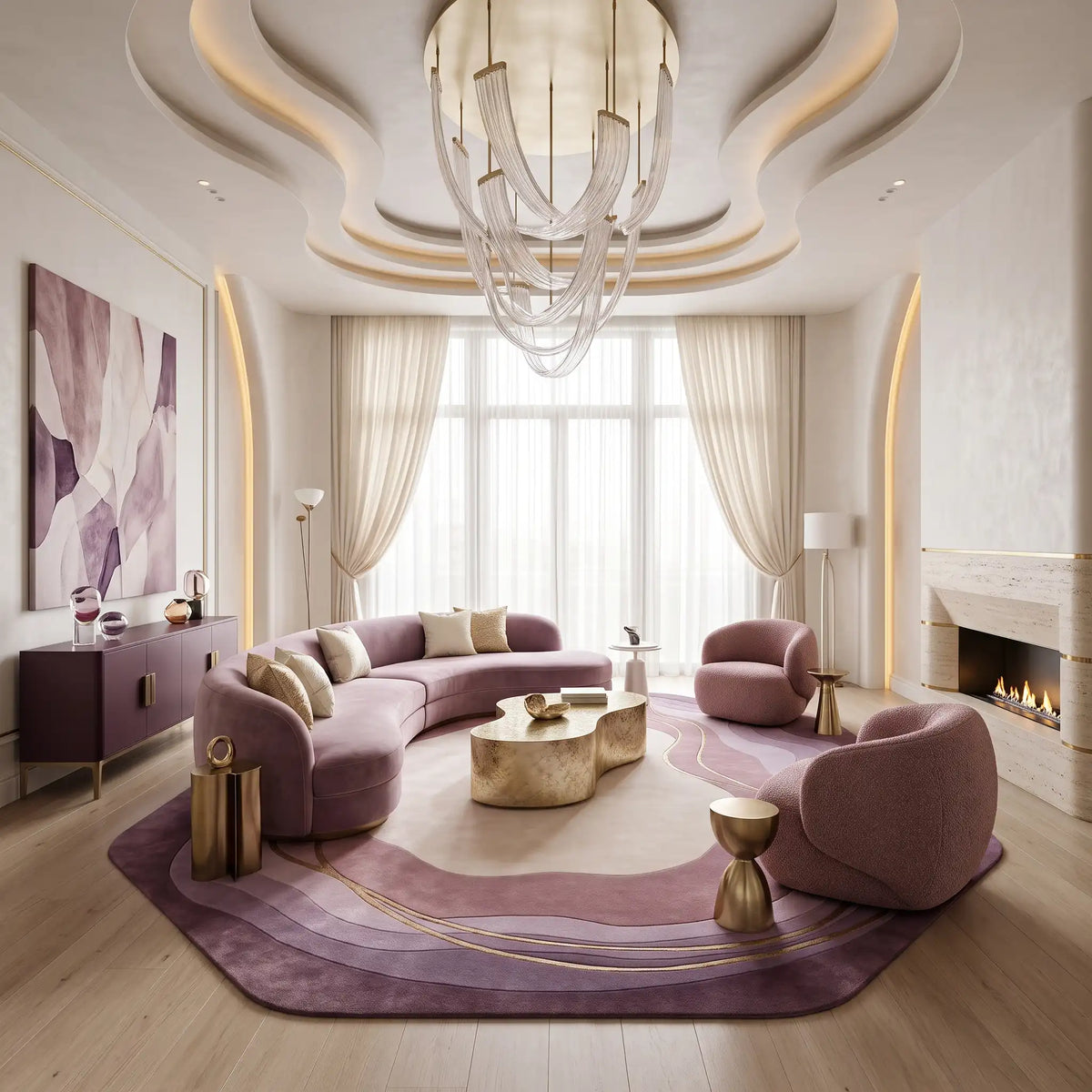 Geode Halo hand-tufted rug in Lilac Plum – styled in a room