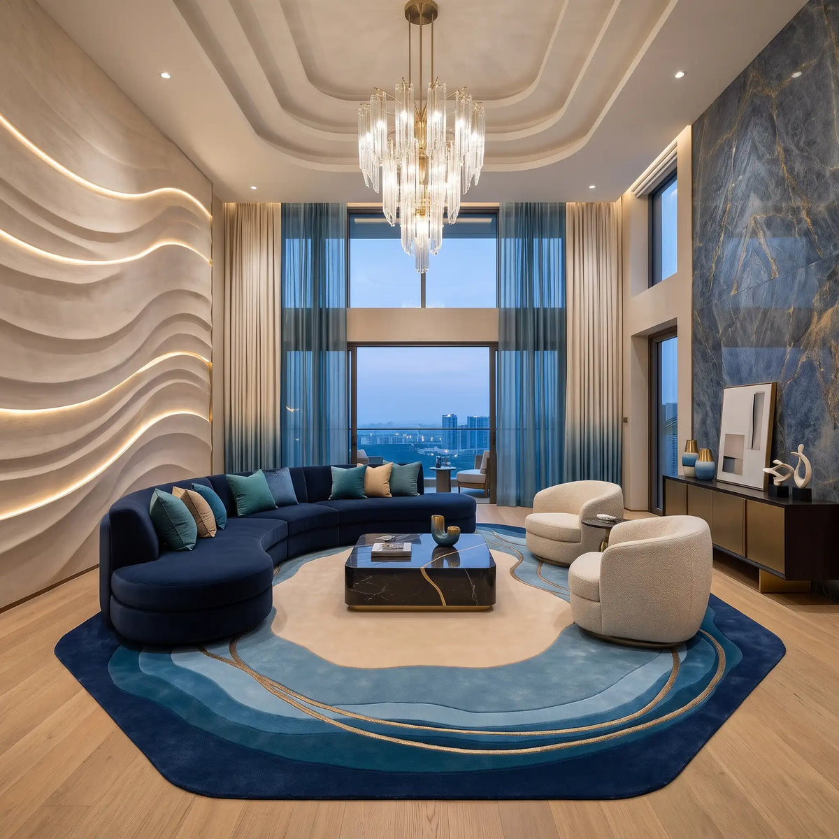 Geode Halo hand-tufted rug in Ocean Teal – styled in a room