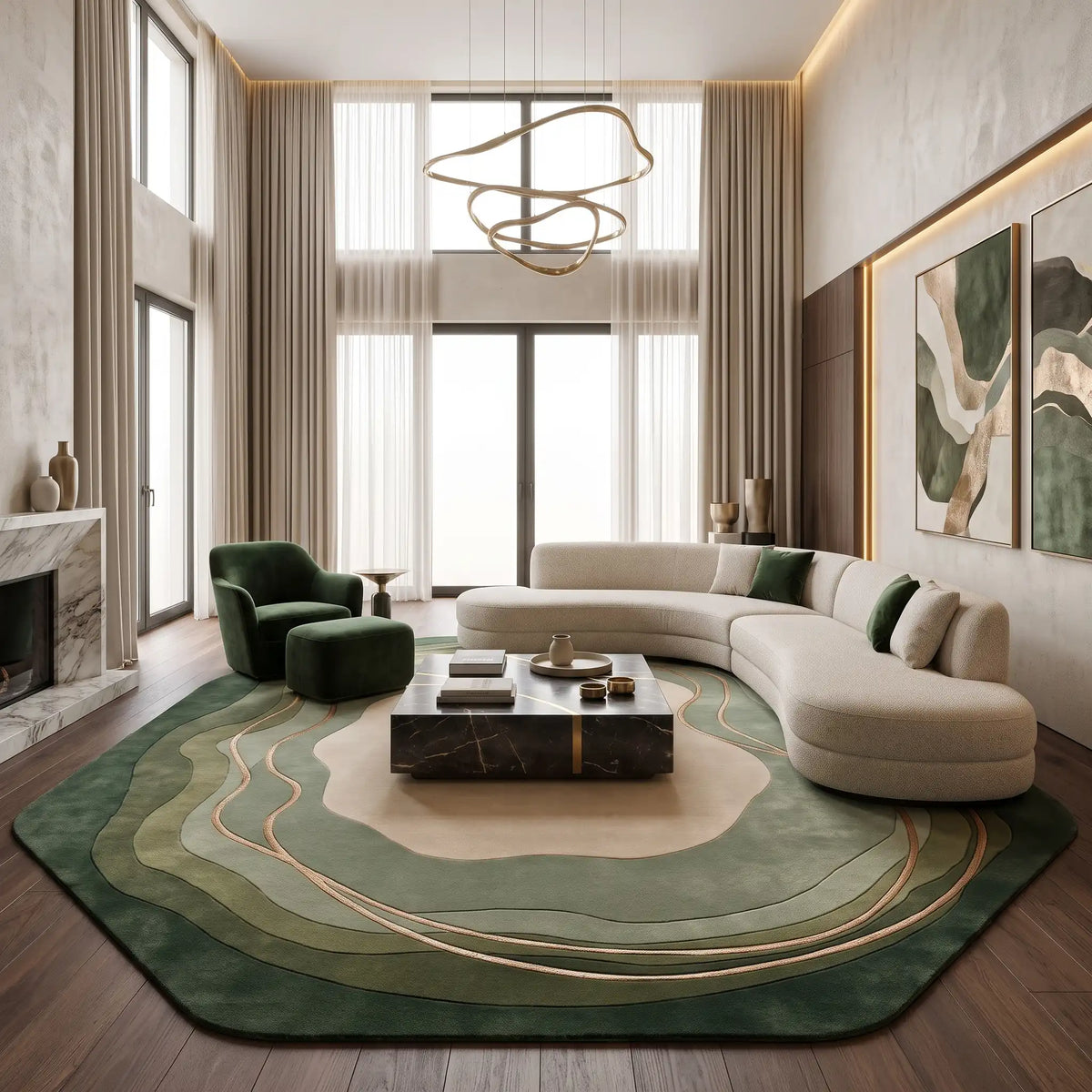 Geode Halo hand-tufted rug in Moss Olive – styled in a room