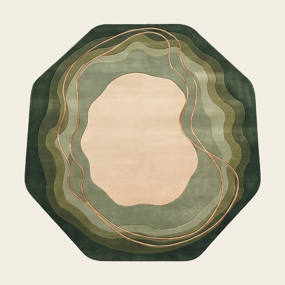 Geode Halo hand-tufted rug in Moss Olive – flat lay