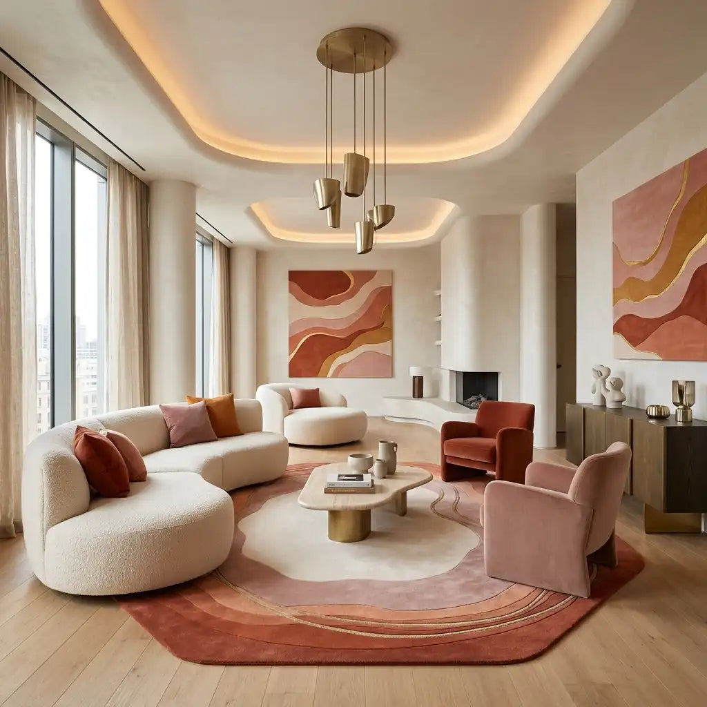 Geode Halo hand-tufted rug in Coral Rust – styled in a room