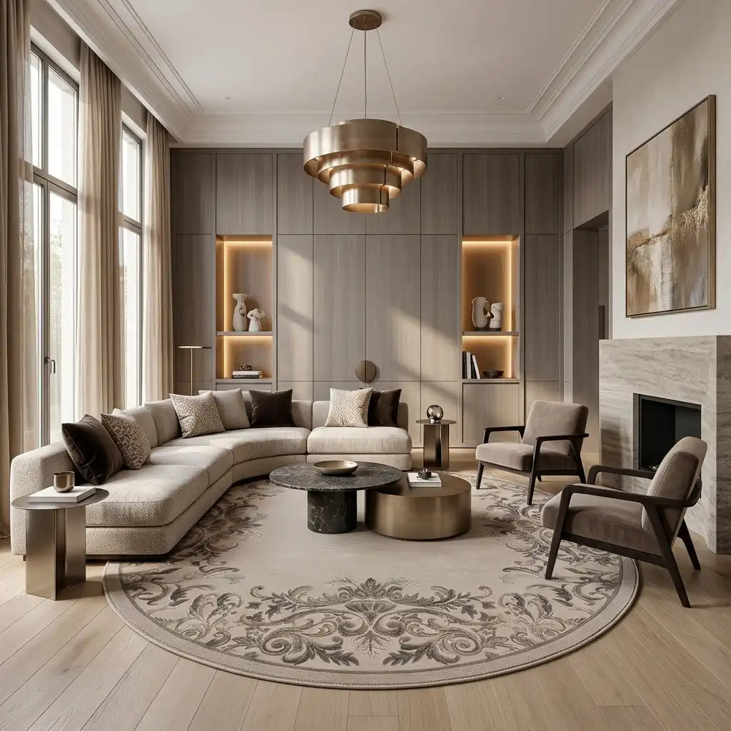 Damask Crown hand-tufted rug in Taupe Ivory – styled in a room
