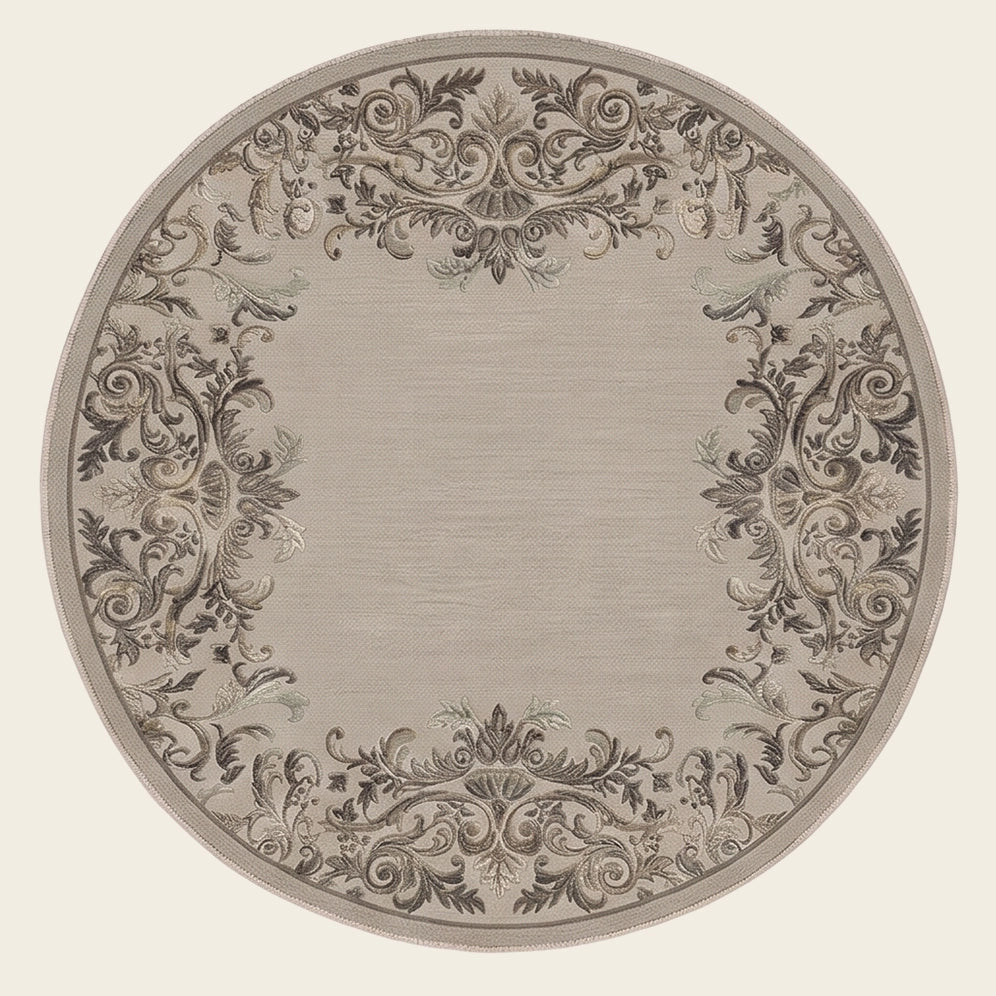 Damask Crown hand-tufted rug in Taupe Ivory – flat lay