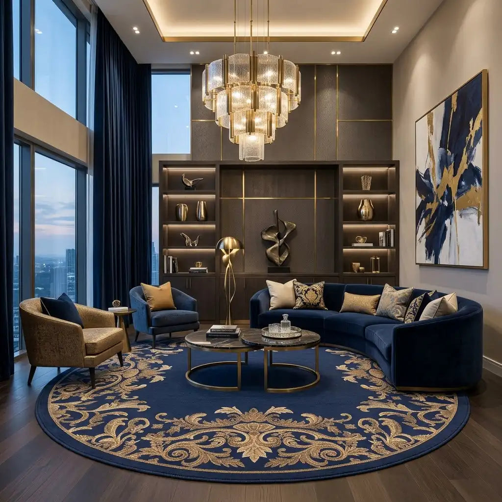 Damask Crown hand-tufted rug in Navy Gold – styled in a room