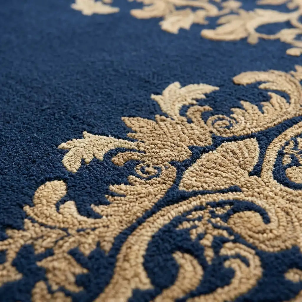 Damask Crown hand-tufted rug in Navy Gold – close-up of the tufted pile texture