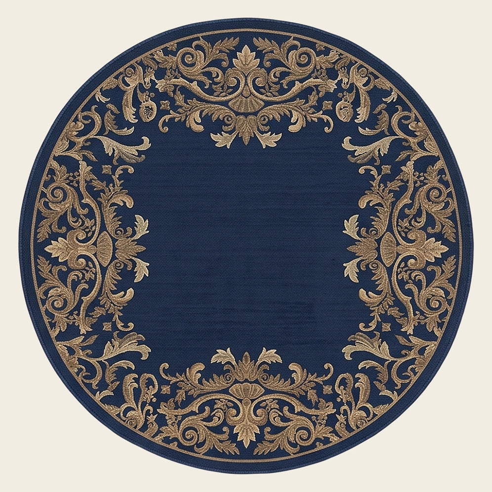 Damask Crown hand-tufted rug in Navy Gold – flat lay