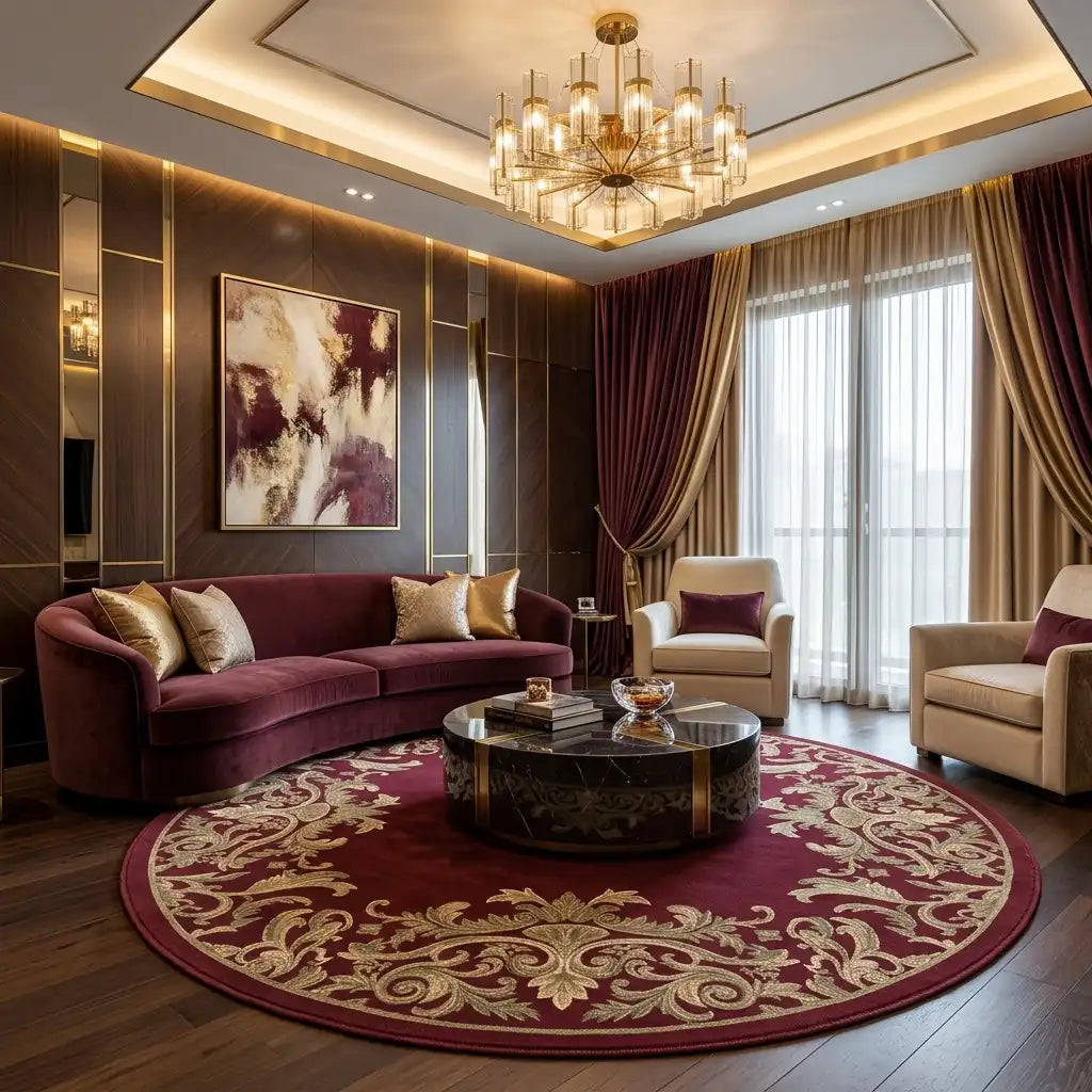 Damask Crown hand-tufted rug in Ruby Gold – styled in a room