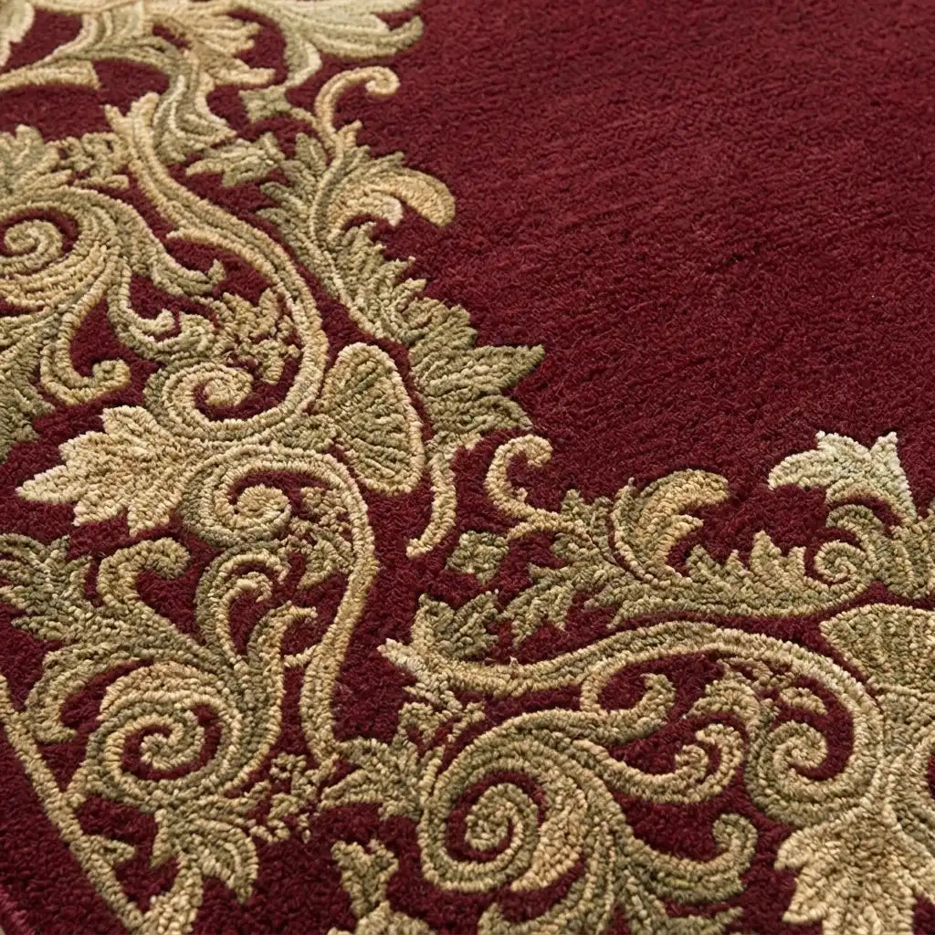 Damask Crown hand-tufted rug in Ruby Gold – close-up of the tufted pile texture