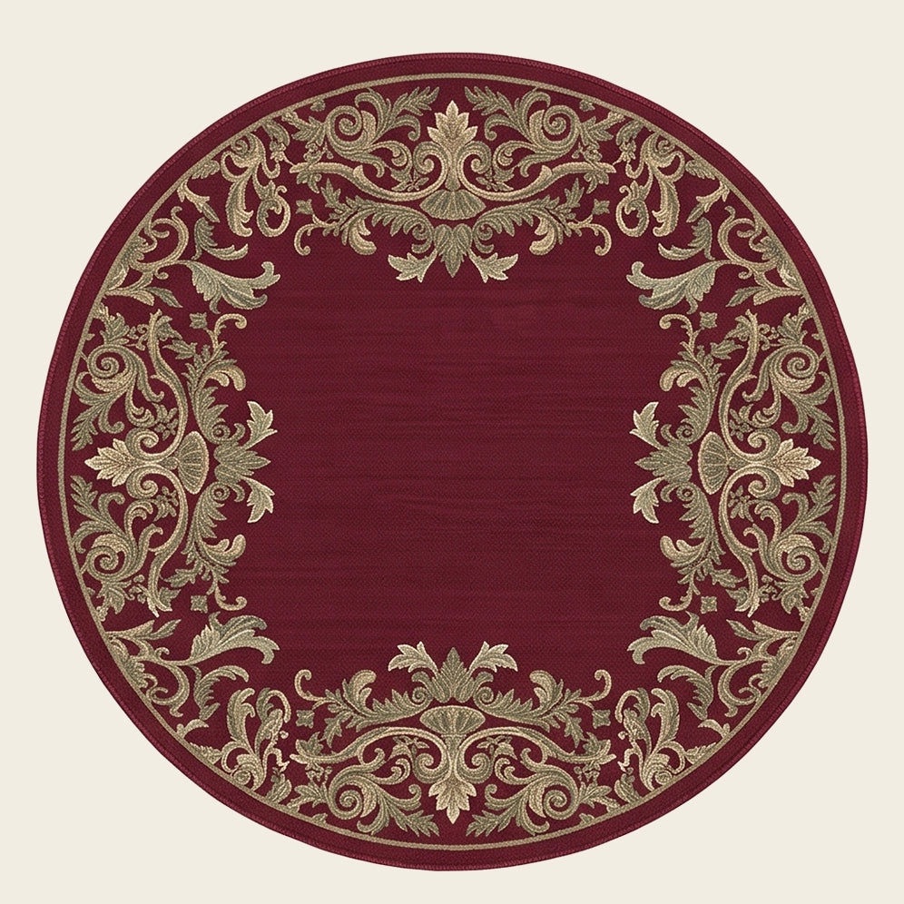 Damask Crown hand-tufted rug in Ruby Gold – flat lay