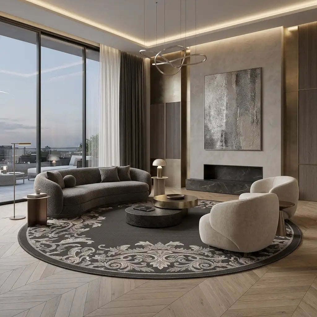 Damask Crown hand-tufted rug in Charcoal Silver – styled in a room