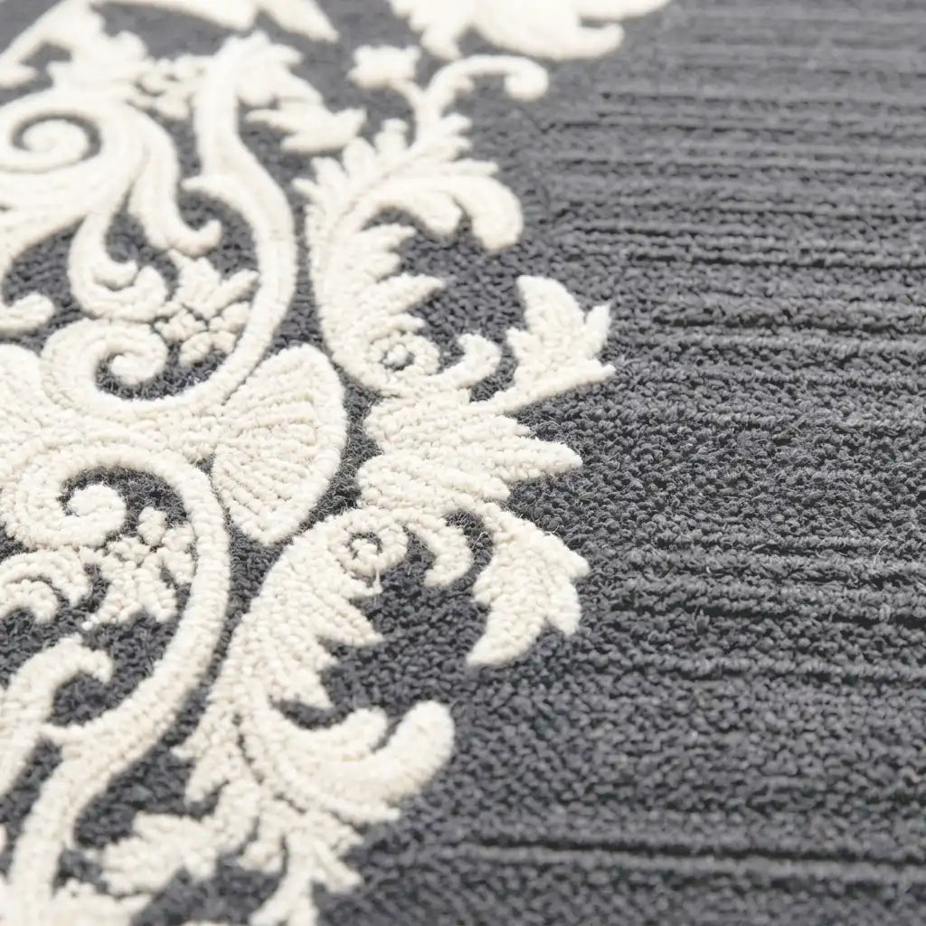 Damask Crown hand-tufted rug in Charcoal Silver – close-up of the tufted pile texture