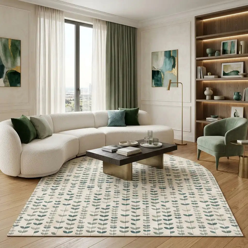 Rain Arch hand-tufted rug in Sage Mist – styled in a room