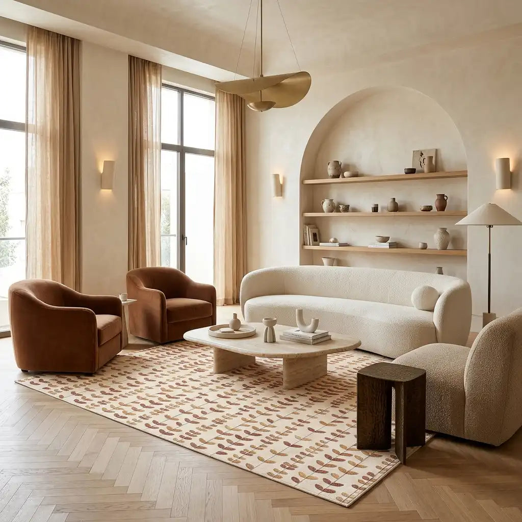 Rain Arch hand-tufted rug in Peach Sand – styled in a room