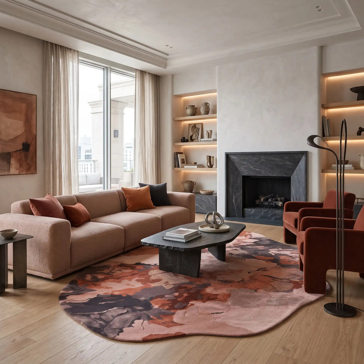 Nebula hand-tufted rug in Coral Rose – styled in a room