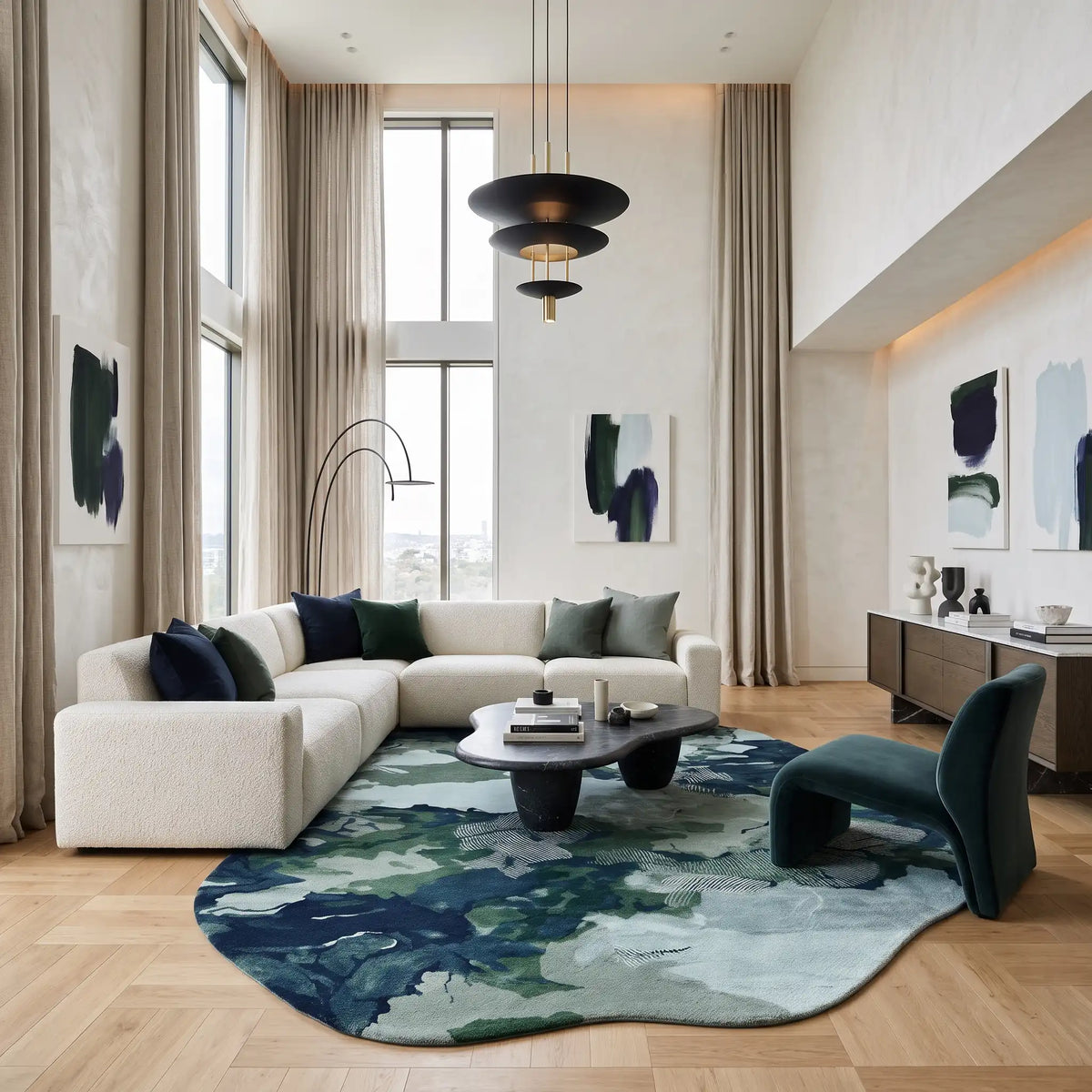Nebula hand-tufted rug in Teal Jade – styled in a room