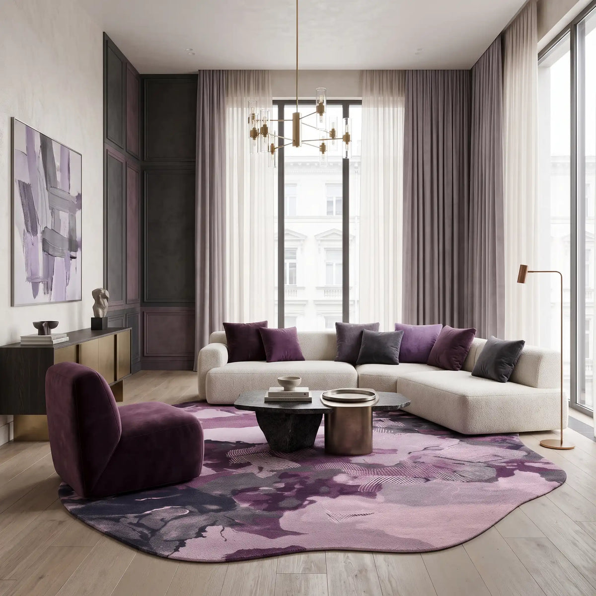Nebula hand-tufted rug in Orchid Plum – styled in a room