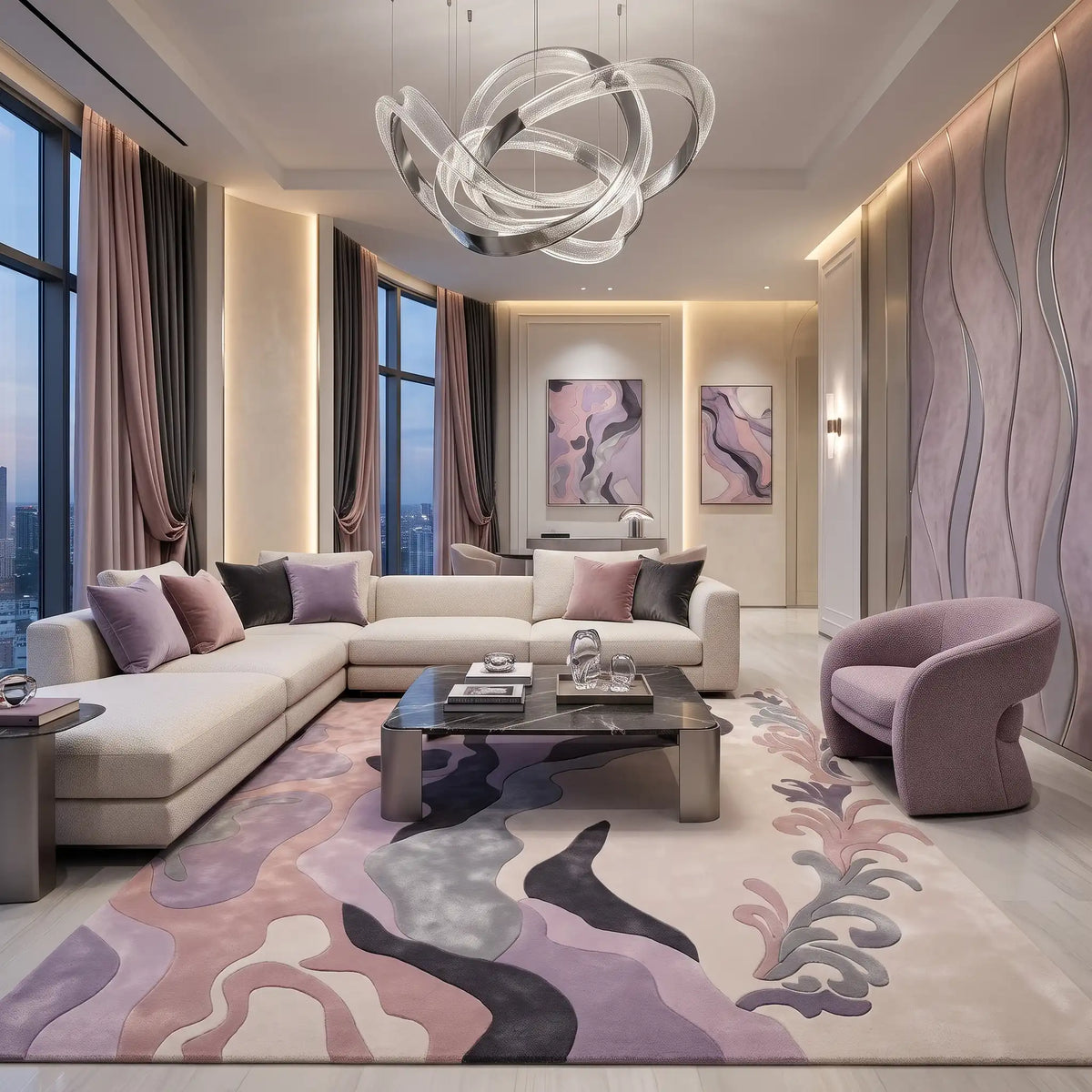 Silk Current hand-tufted rug in Blush Lilac – styled in a room