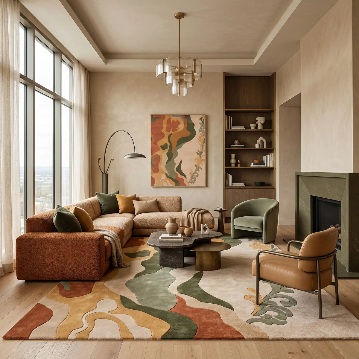 Silk Current hand-tufted rug in Ochre Sage – styled in a room