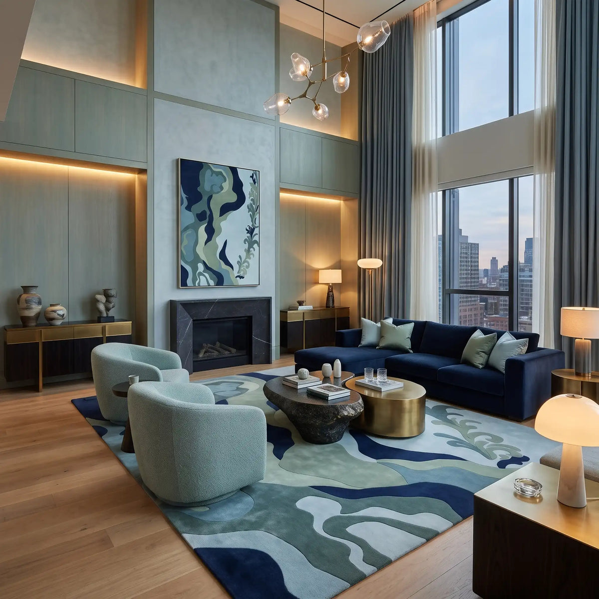 Silk Current hand-tufted rug in Coastal Teal – styled in a room