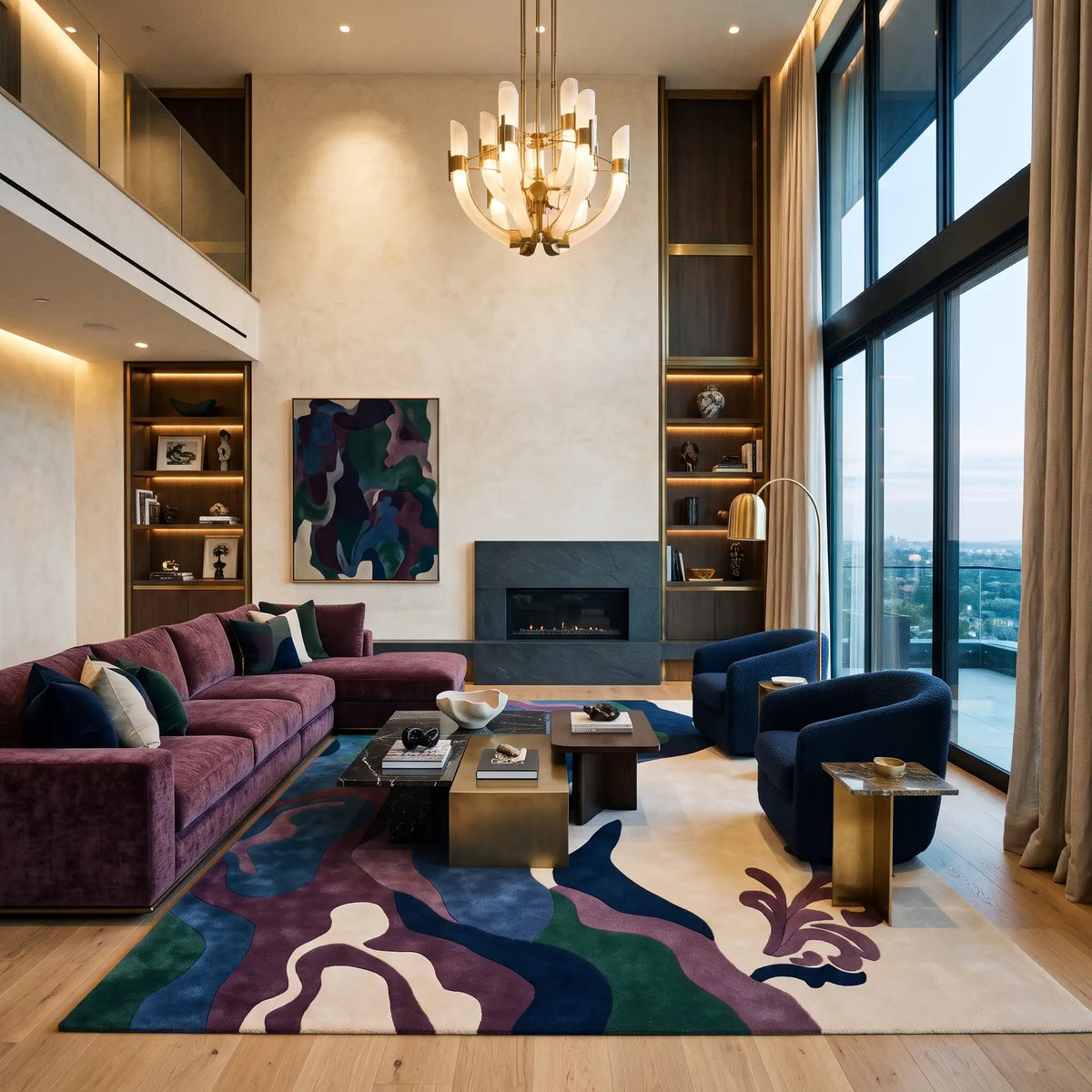 Silk Current hand-tufted rug in Jewel Night – styled in a room