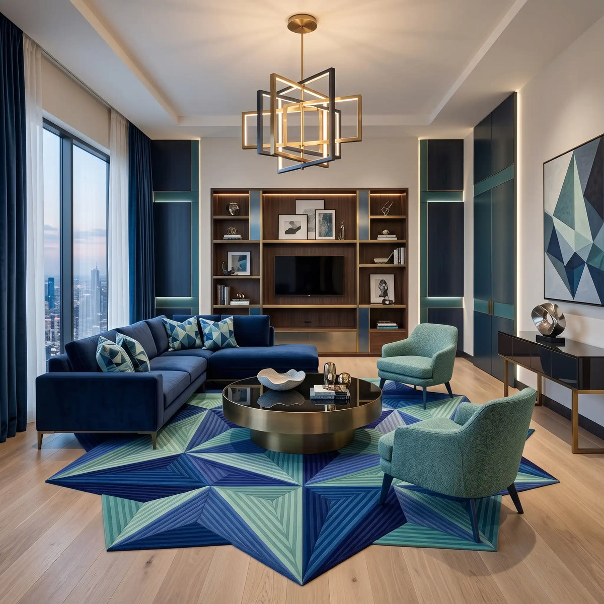 Prism Star modern abstract rug in Ocean Jade – styled in a living room
