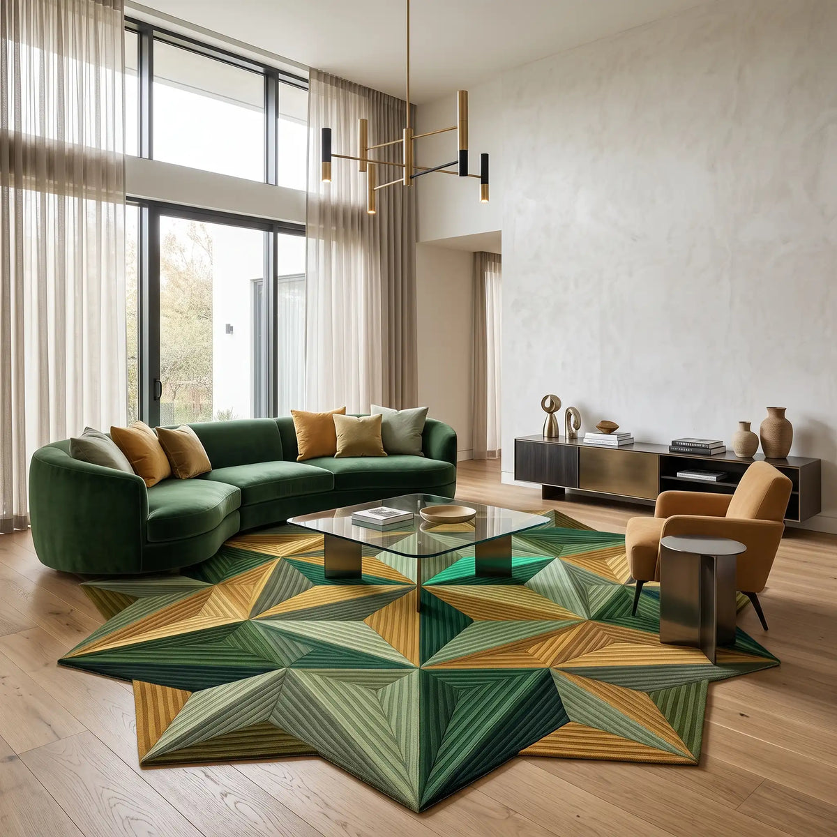 Prism Star modern abstract rug in Olive Gold – styled in a living room