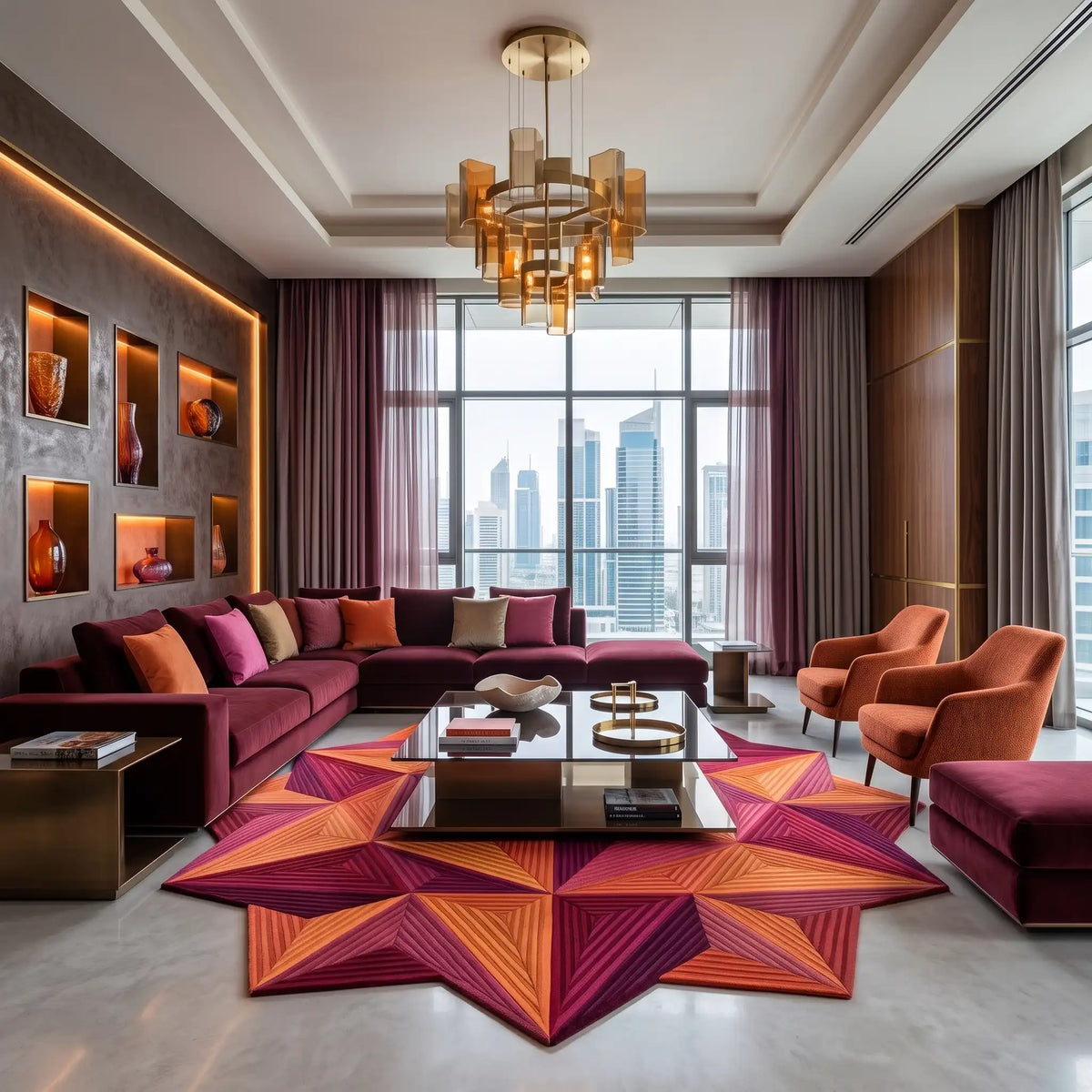Prism Star modern abstract rug in Sunset Coral – styled in a living room