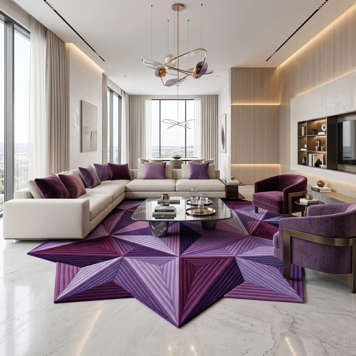 Prism Star modern abstract rug in Amethyst – styled in a living room