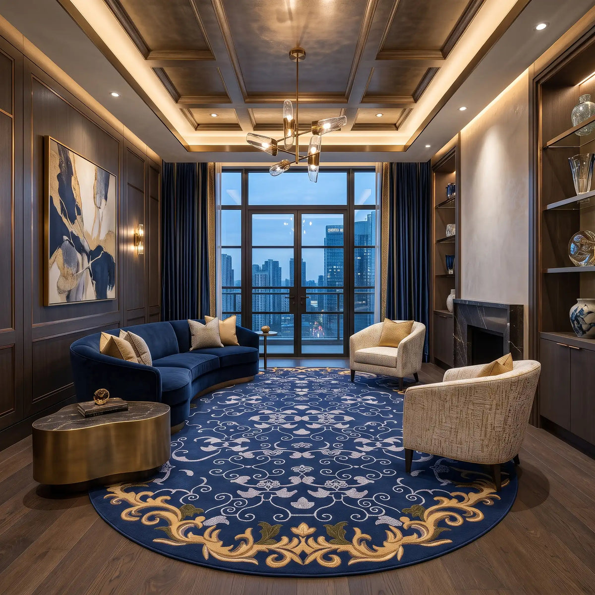 Versailles hand-tufted rug in Royal Navy – styled in a room