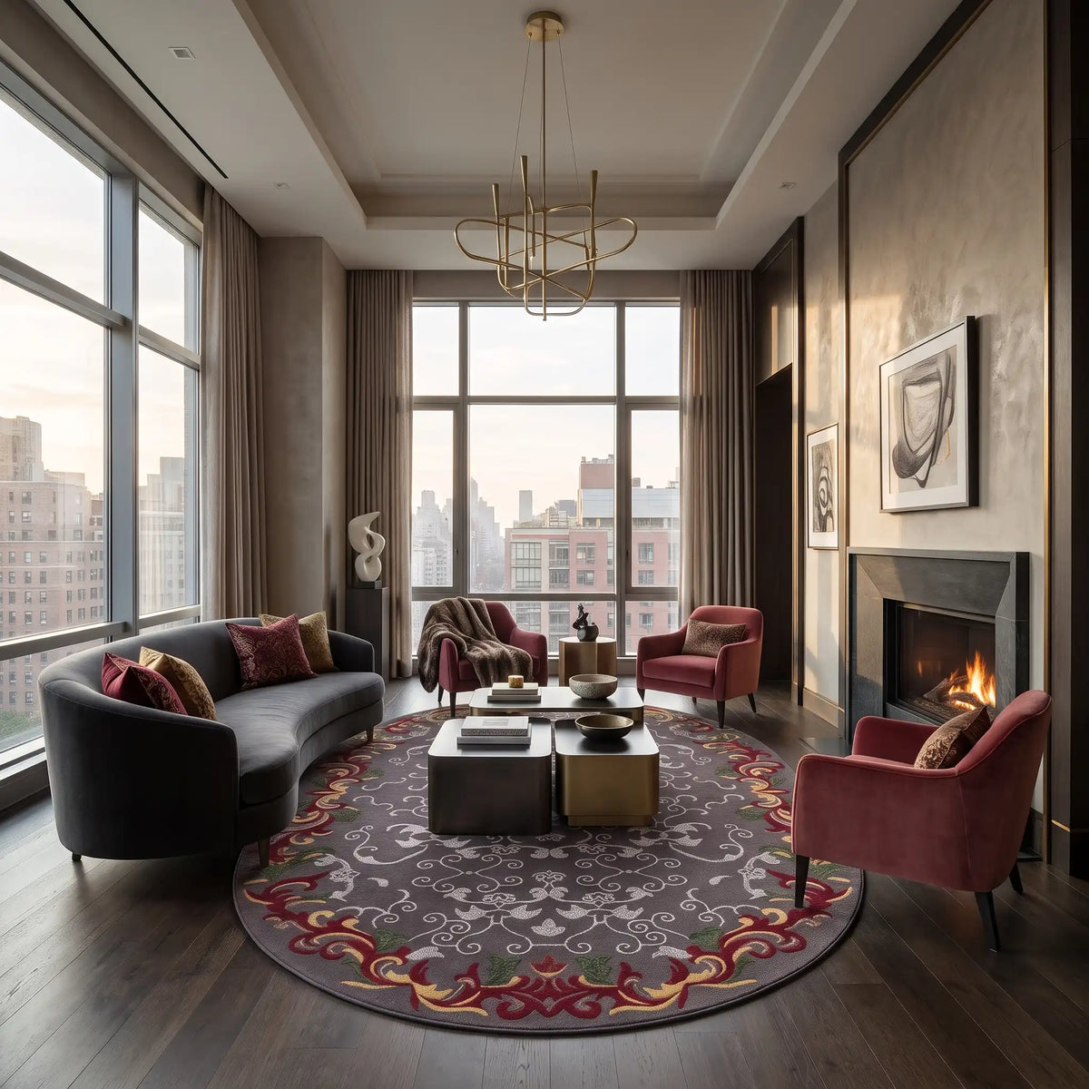 Versailles hand-tufted rug in Plum Ash – styled in a room