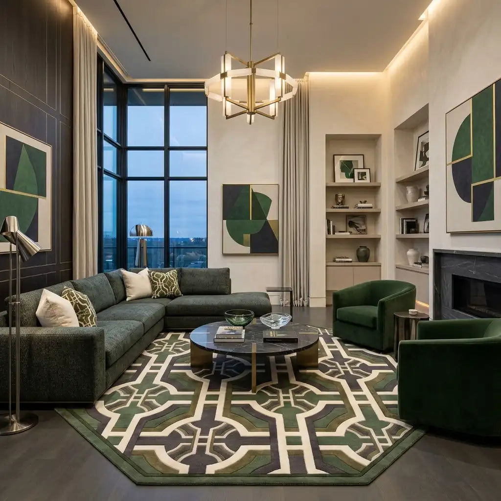 Lattice Garden hand-tufted rug in Olive Cream – styled in a room
