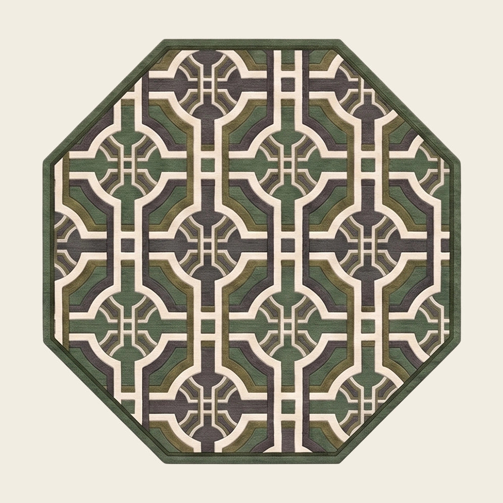 Lattice Garden hand-tufted rug in Olive Cream – flat lay