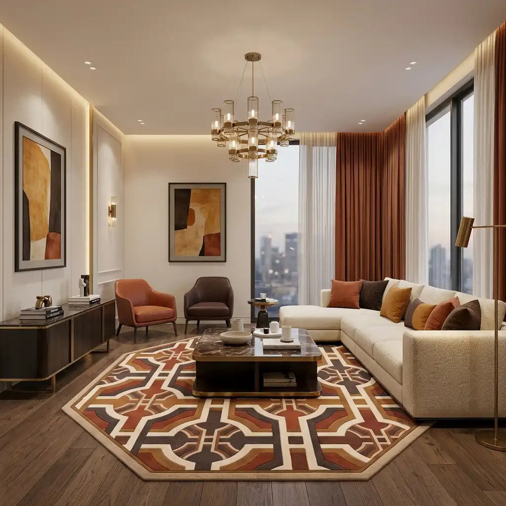 Lattice Garden hand-tufted rug in Copper Cream – styled in a room