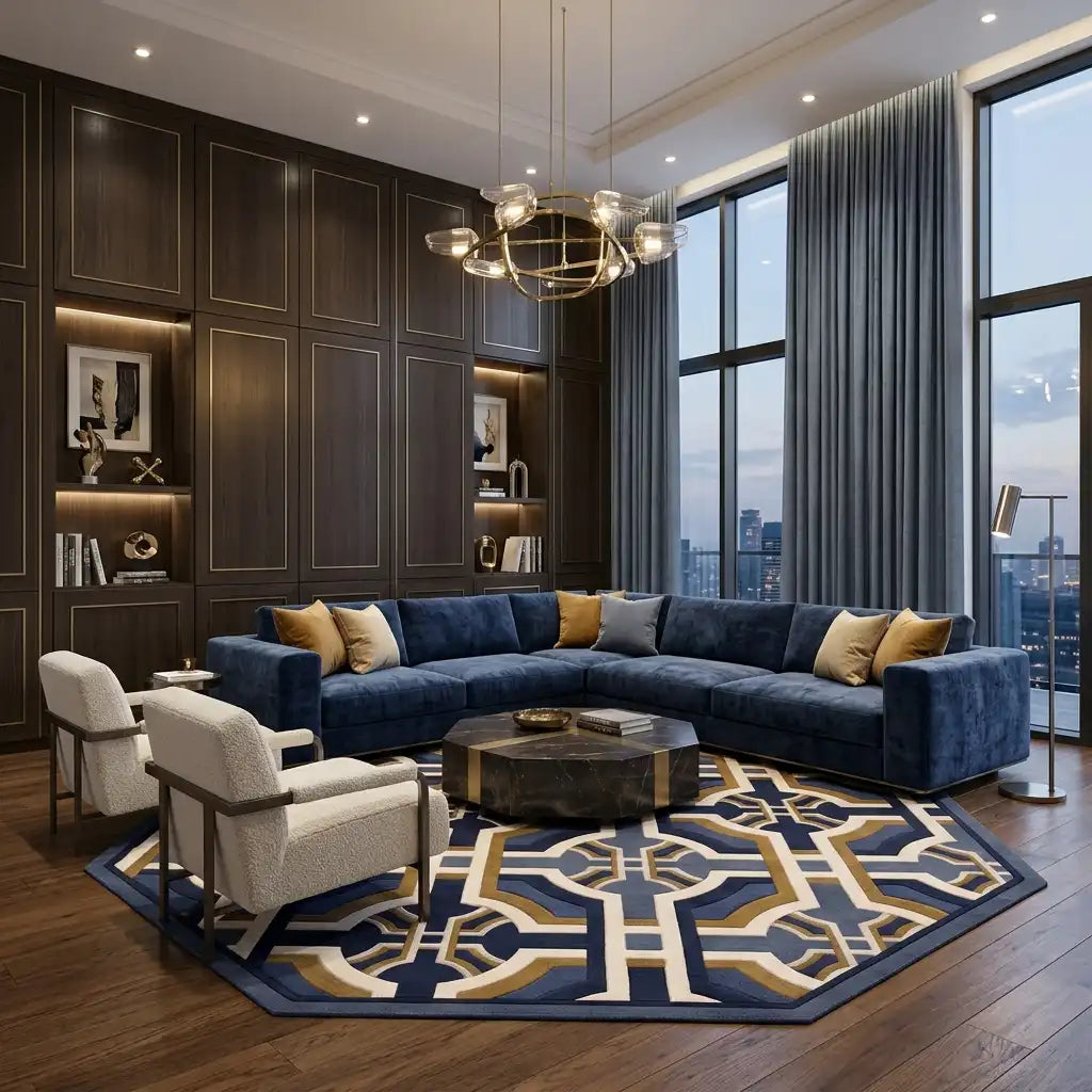 Lattice Garden hand-tufted rug in Navy Gold – styled in a room