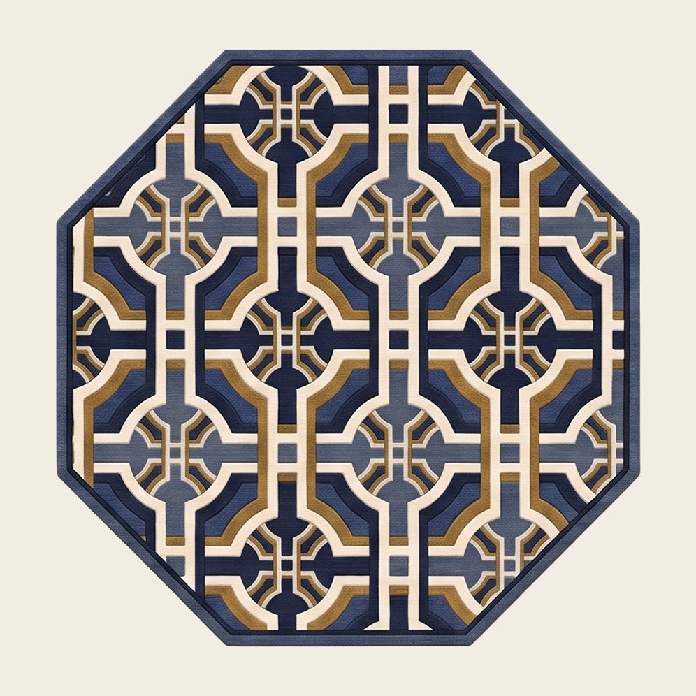 Lattice Garden hand-tufted rug in Navy Gold – flat lay