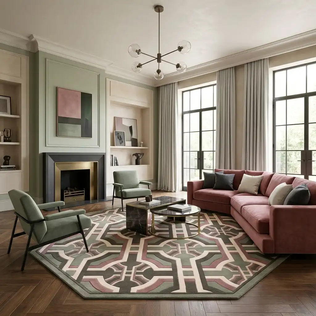 Lattice Garden hand-tufted rug in Taupe Stone – styled in a room