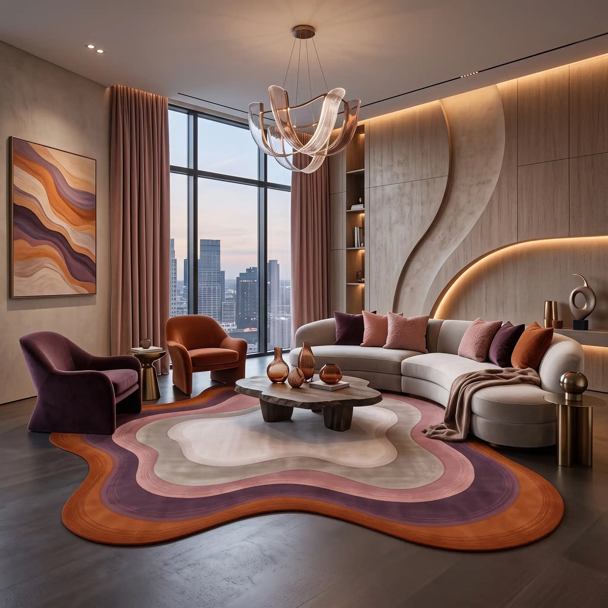 Echo Pool modern abstract rug in Rust Plum – styled in a living room