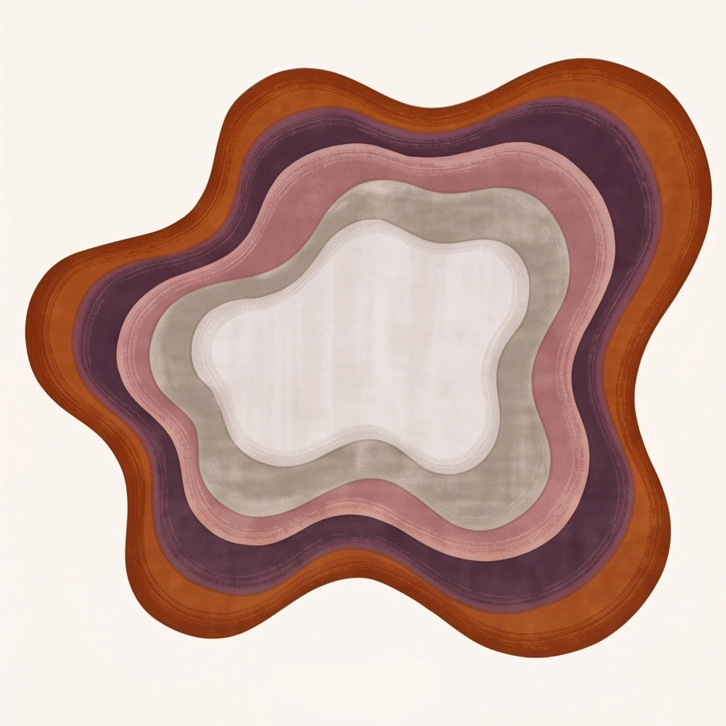 Echo Pool modern abstract rug in Rust Plum – flat lay