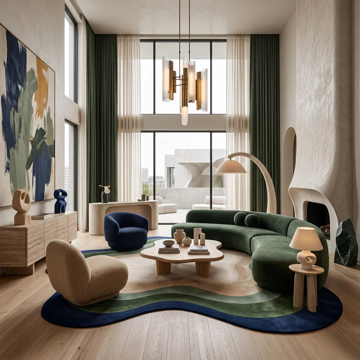 Echo Pool modern abstract rug in Navy Sage – styled in a living room