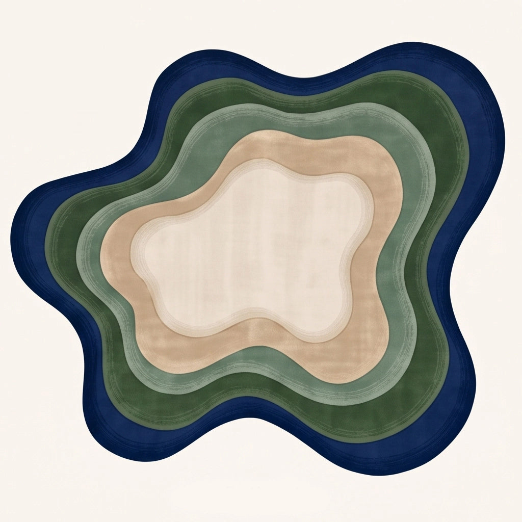 Echo Pool modern abstract rug in Navy Sage – flat lay
