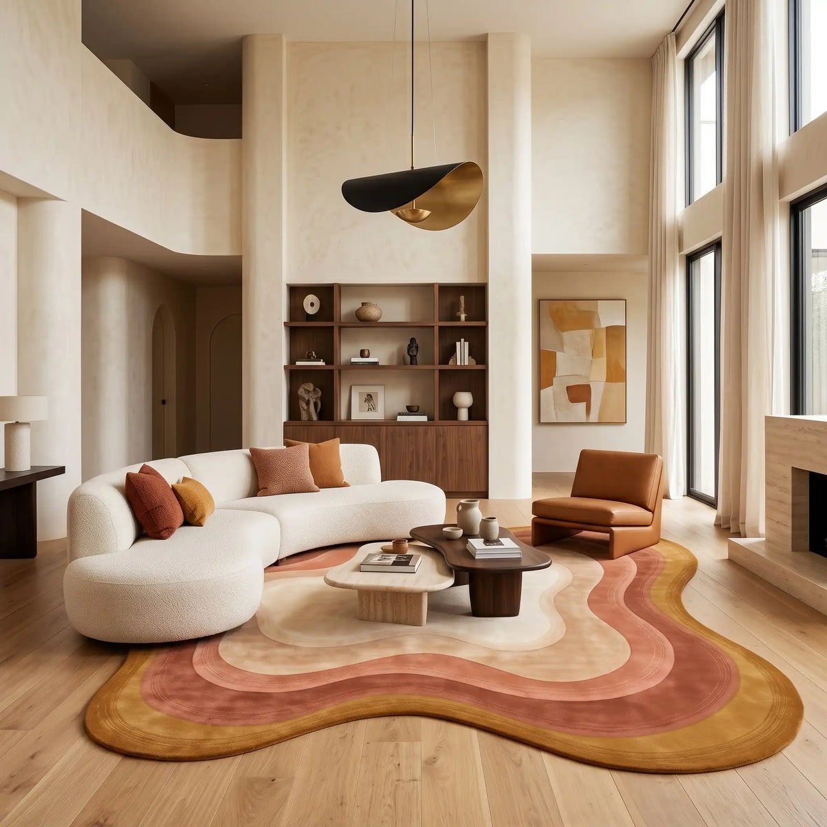 Echo Pool modern abstract rug in Saffron Peach – styled in a living room