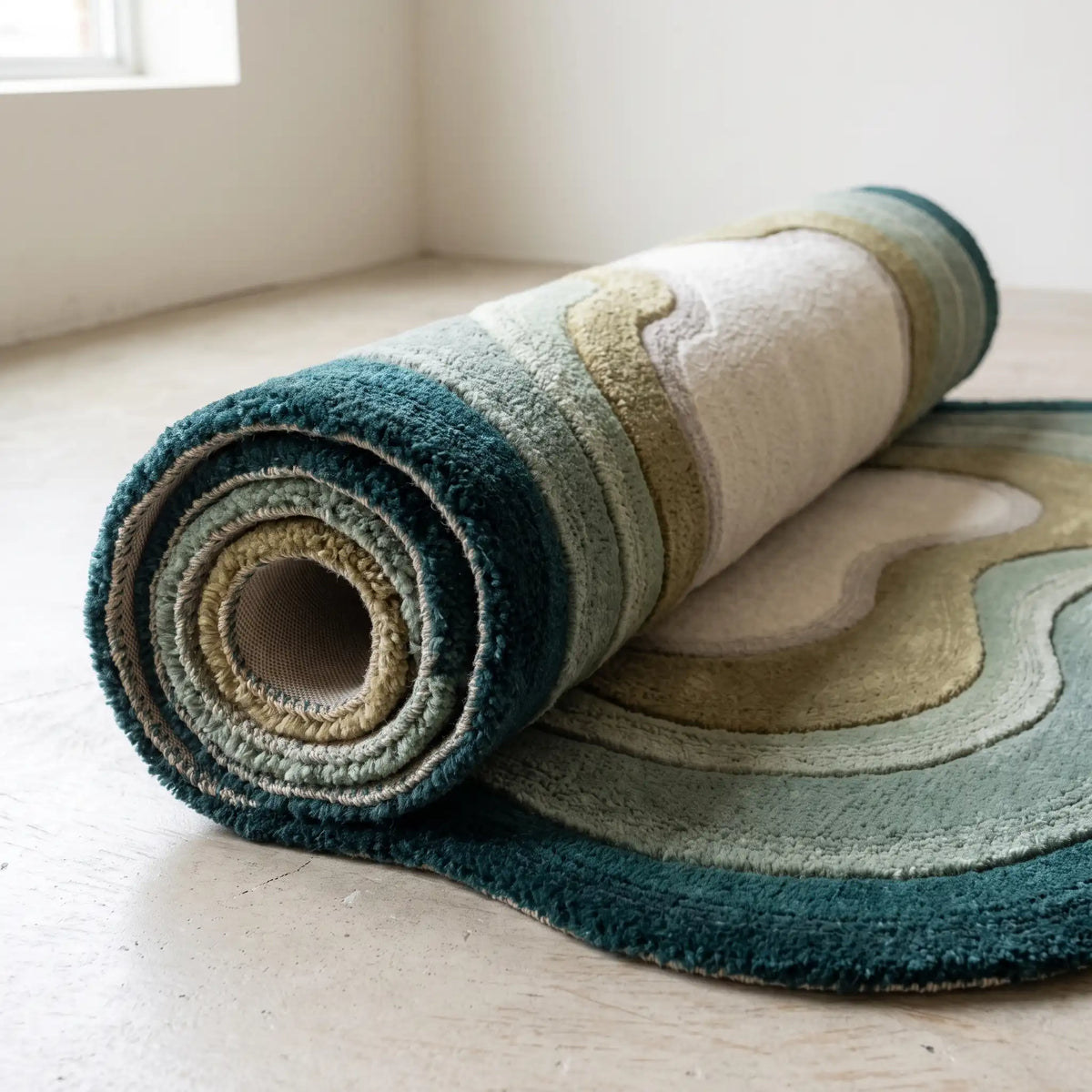Echo Pool modern abstract rug in Emerald Mist – rolled to show the backing and thickness